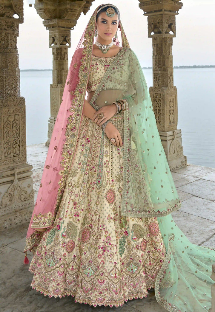Cream Silk Bridal Lehenga Choli | Heavy Thread, Zari & Pink Sequins Embroidery