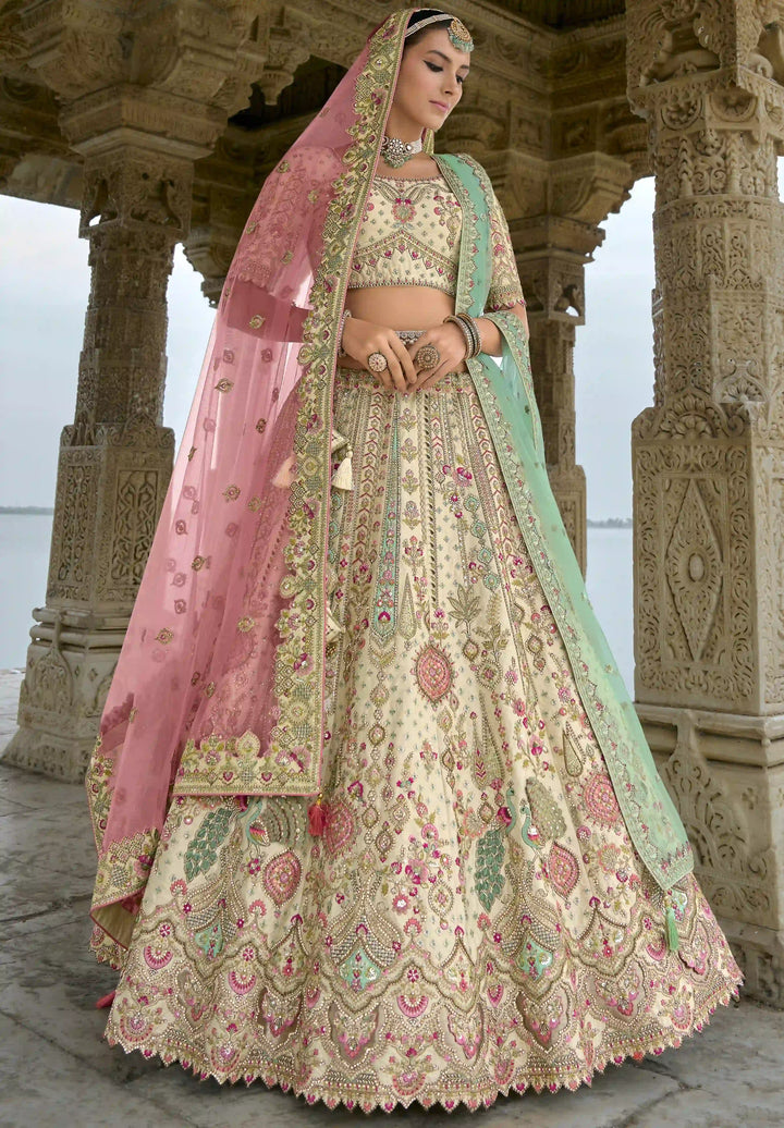 Cream Silk Bridal Lehenga Choli | Heavy Thread, Zari & Pink Sequins Embroidery