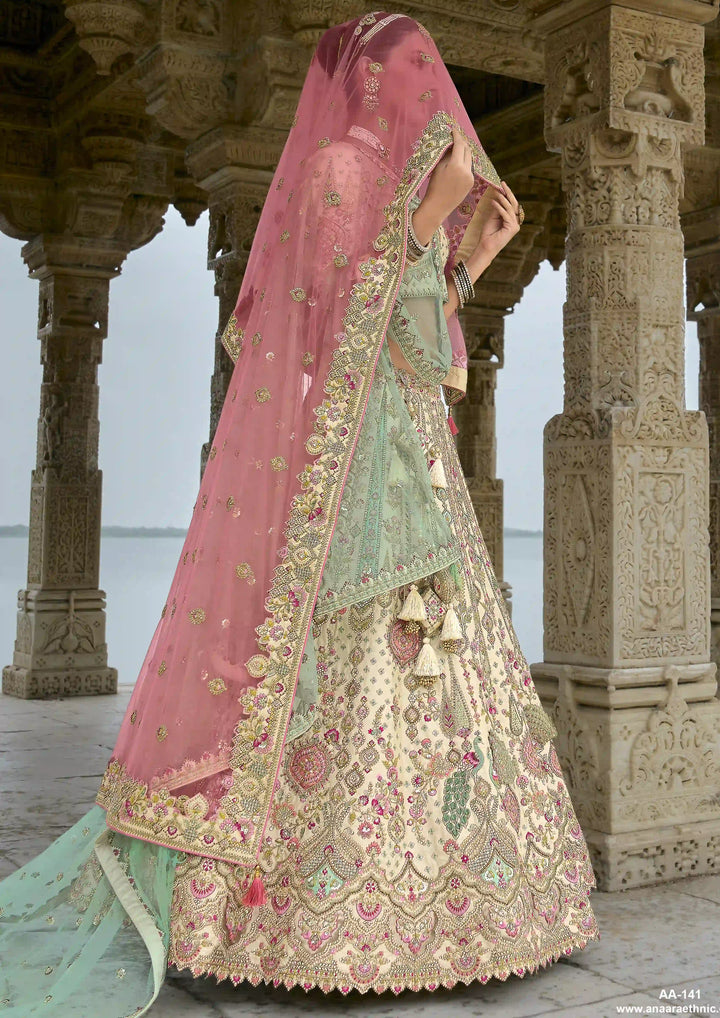 Cream Silk Bridal Lehenga Choli | Heavy Thread, Zari & Pink Sequins Embroidery