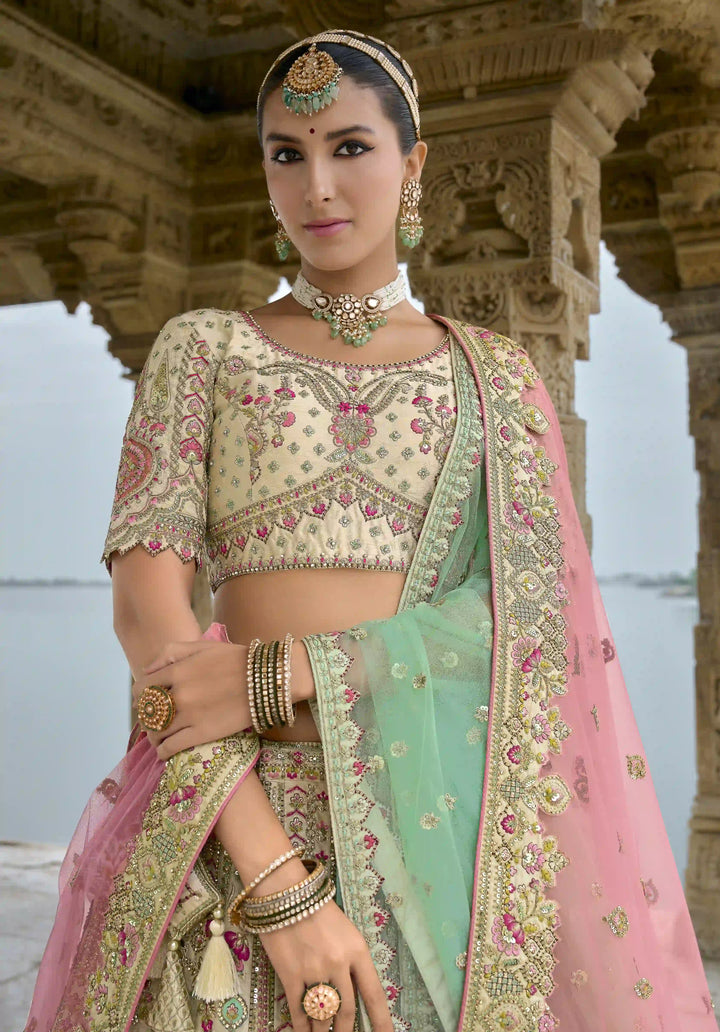 Cream Silk Bridal Lehenga Choli | Heavy Thread, Zari & Pink Sequins Embroidery