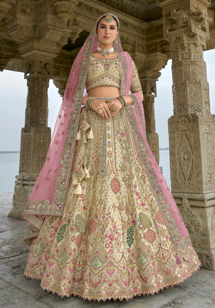 Cream Silk Bridal Lehenga Choli | Heavy Thread, Zari & Pink Sequins Embroidery