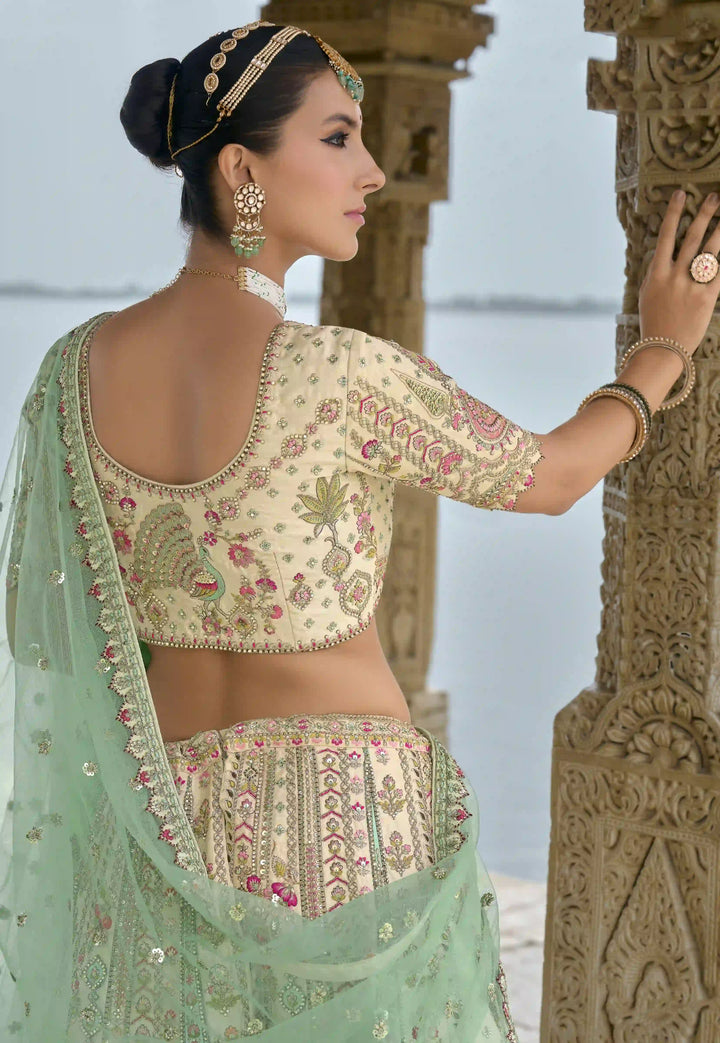 Cream Silk Bridal Lehenga Choli | Heavy Thread, Zari & Pink Sequins Embroidery