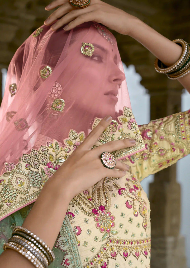 Cream Silk Bridal Lehenga Choli | Heavy Thread, Zari & Pink Sequins Embroidery