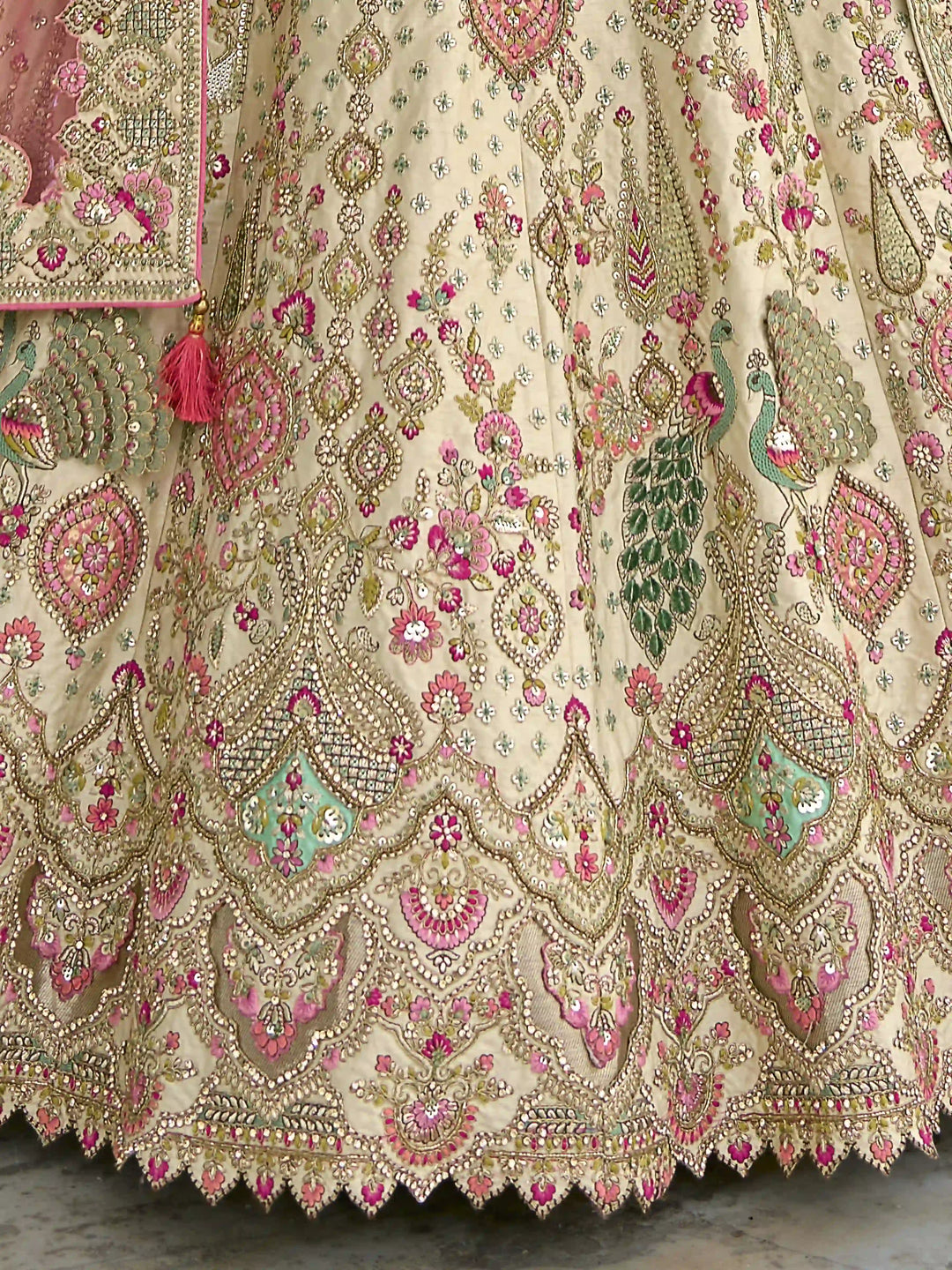 Cream Silk Bridal Lehenga Choli | Heavy Thread, Zari & Pink Sequins Embroidery