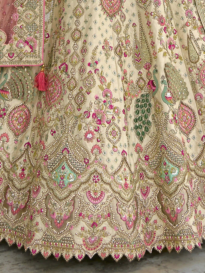 Cream Silk Bridal Lehenga Choli | Heavy Thread, Zari & Pink Sequins Embroidery