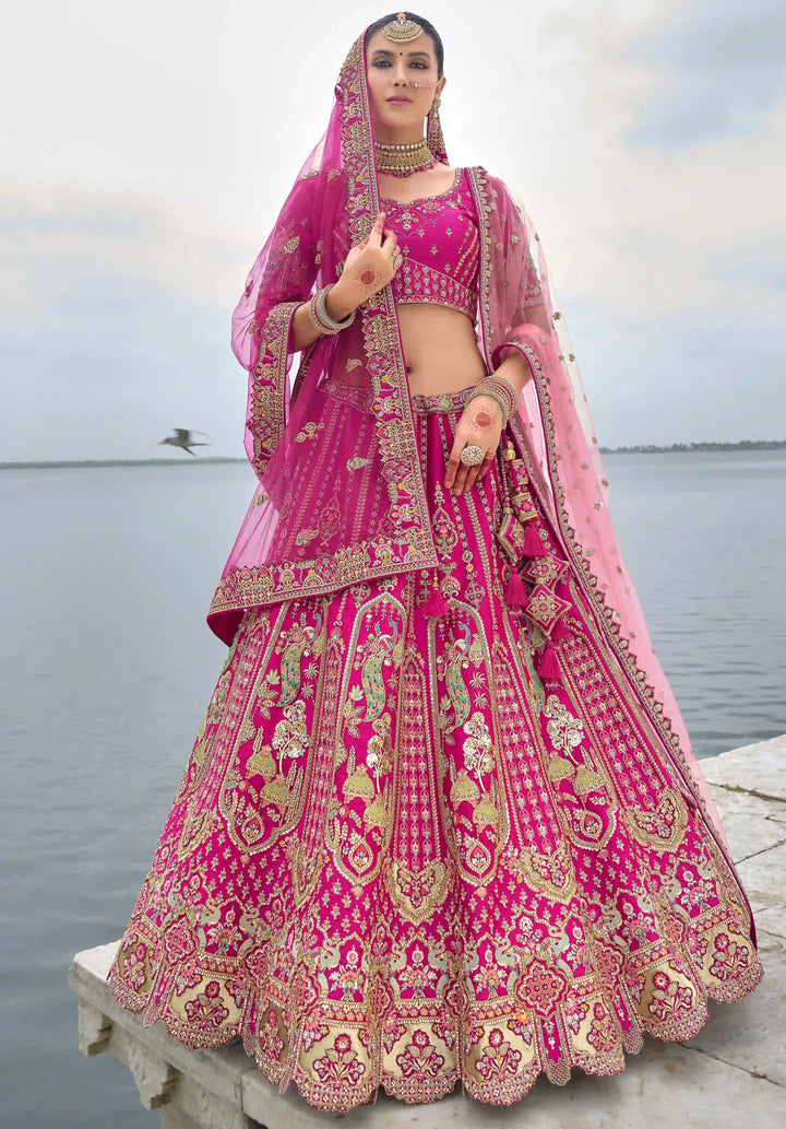 Rani Pink Silk Lehenga Choli | Heavy Thread, Zari & Sequins Embroidery