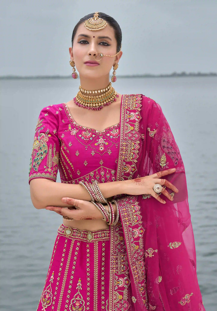 Rani Pink Silk Lehenga Choli | Heavy Thread, Zari & Sequins Embroidery