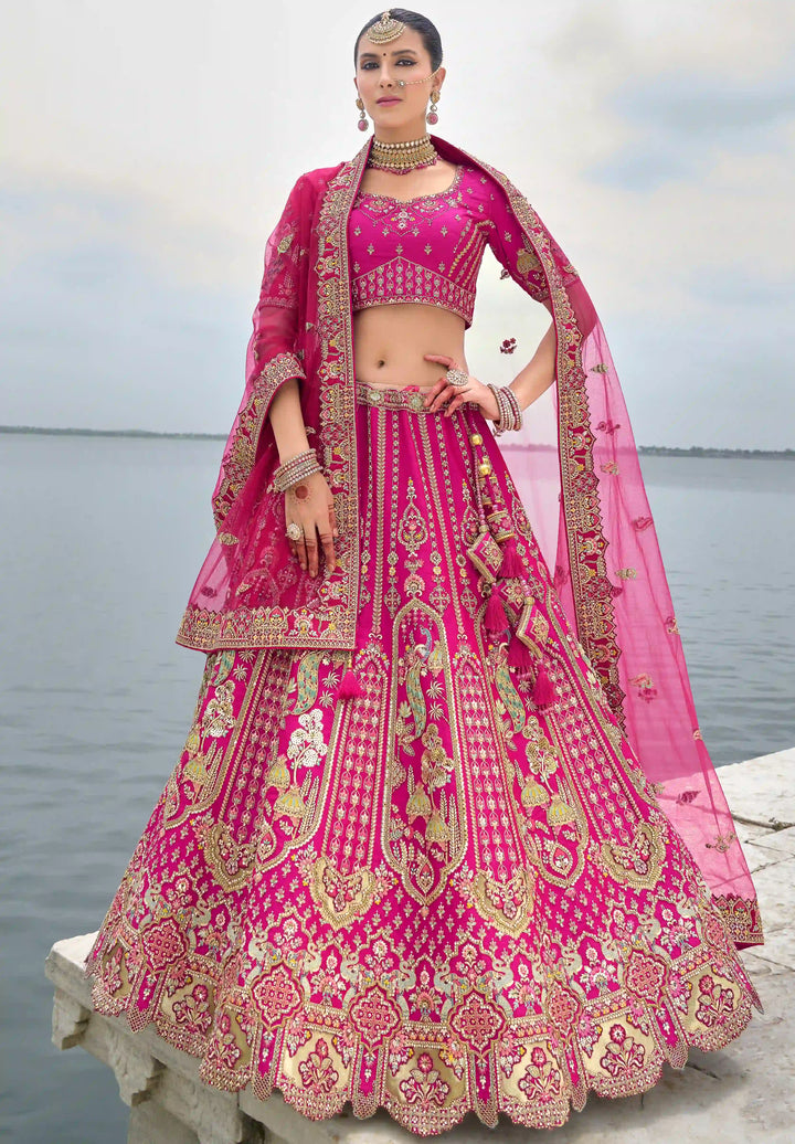 Rani Pink Silk Lehenga Choli | Heavy Thread, Zari & Sequins Embroidery