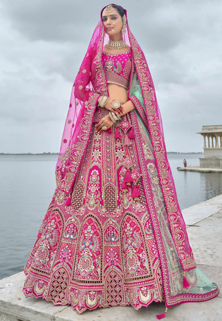 Bright Pink Bridal Art Silk Lehenga Choli | Zari, Thread & Sequins Embroidery