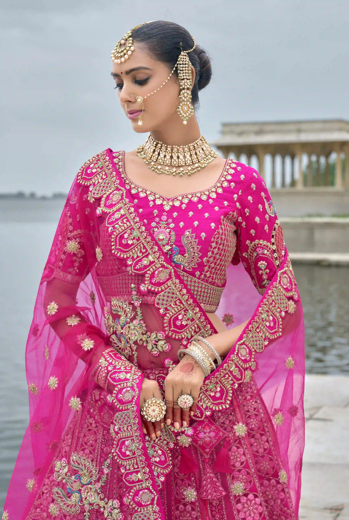 Bright Pink Bridal Art Silk Lehenga Choli | Zari, Thread & Sequins Embroidery
