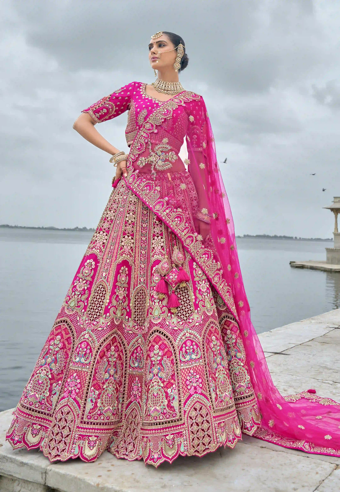 Bright Pink Bridal Art Silk Lehenga Choli | Zari, Thread & Sequins Embroidery
