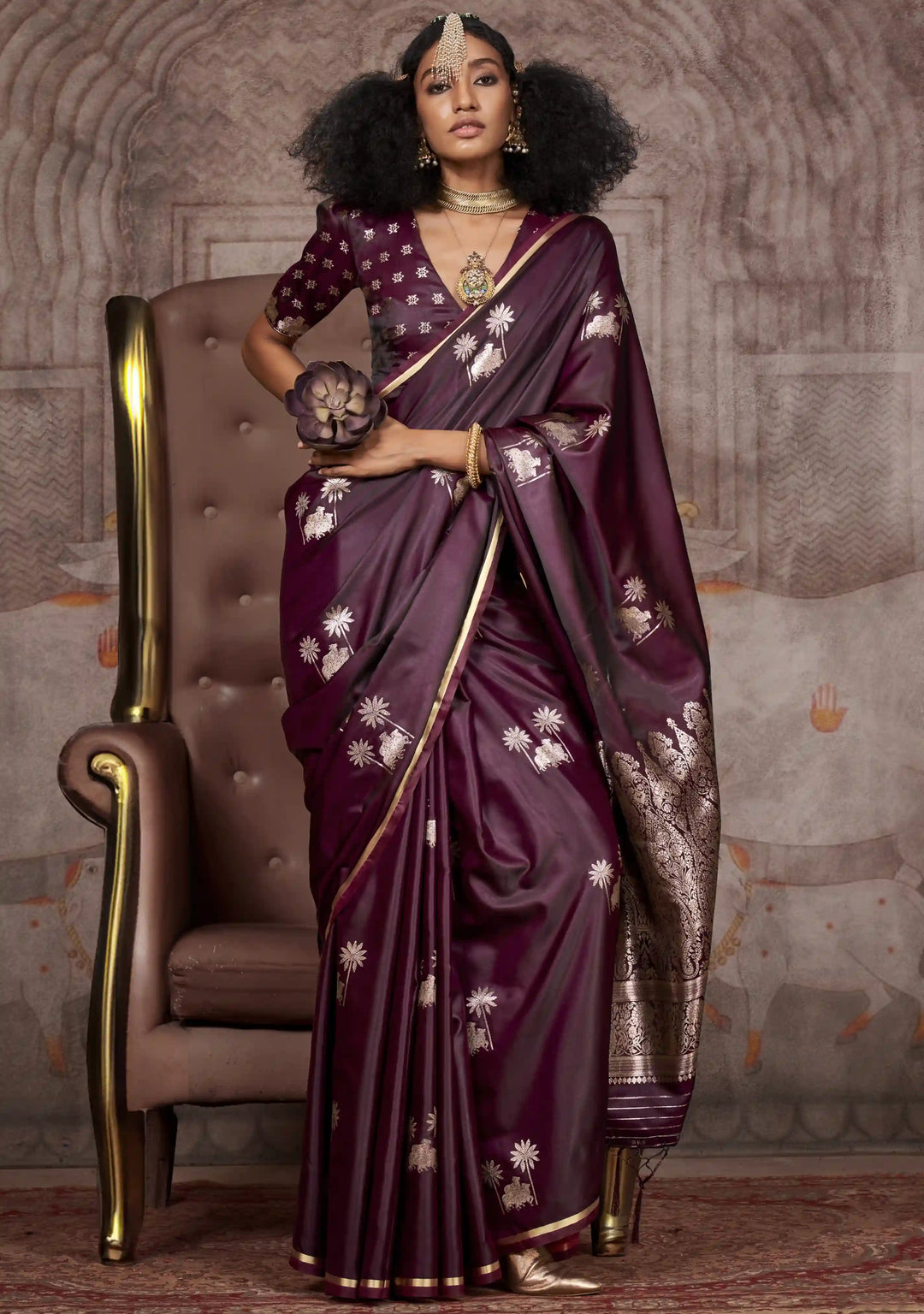 Elegant Satin Silk Saree | Jacquard Woven Work  Matching Blouse