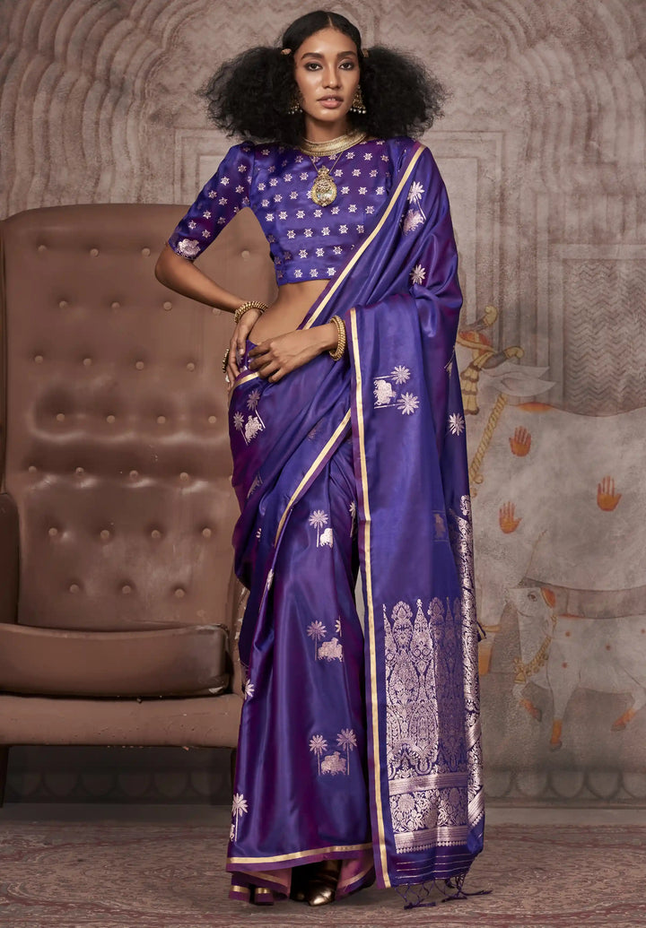 Elegant Satin Silk Saree | Jacquard Woven Work  Matching Blouse