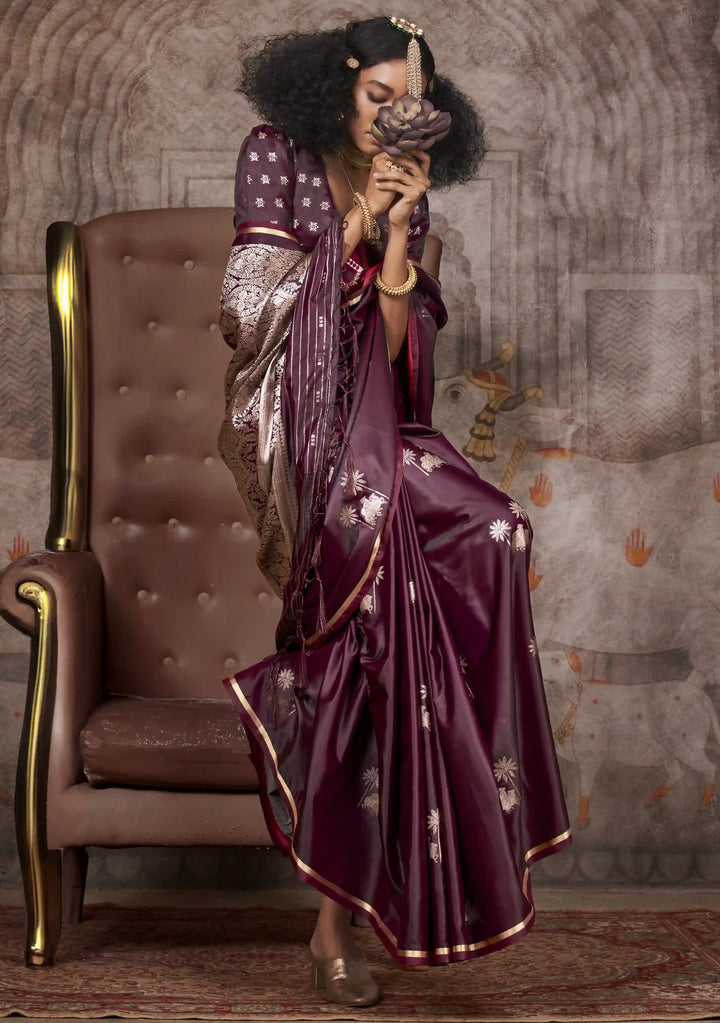 Elegant Satin Silk Saree | Jacquard Woven Work  Matching Blouse