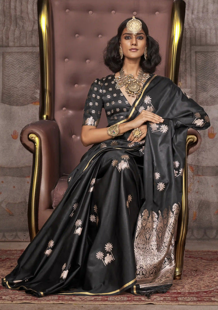 Elegant Satin Silk Saree | Jacquard Woven Work  Matching Blouse