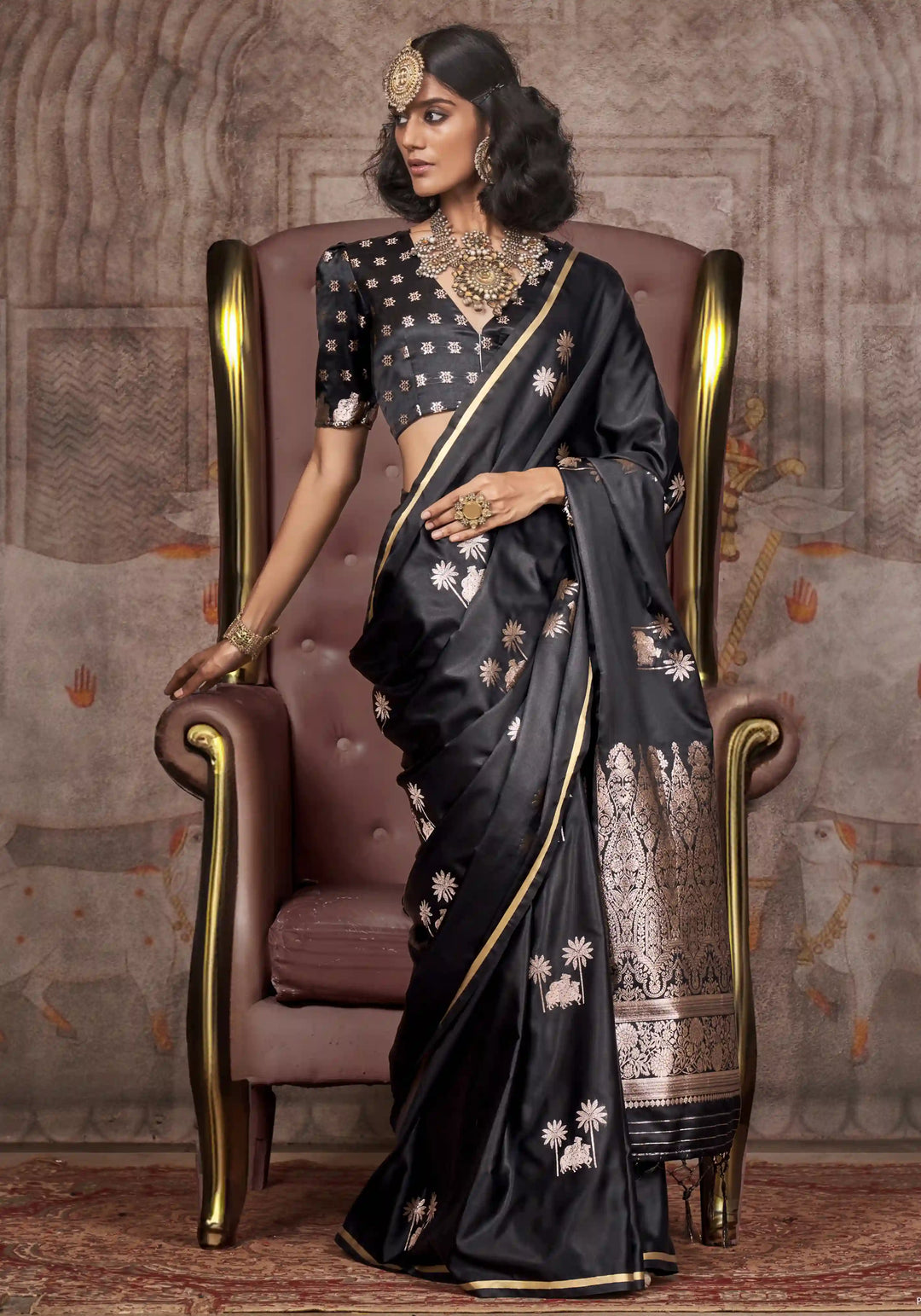 Elegant Satin Silk Saree | Jacquard Woven Work  Matching Blouse