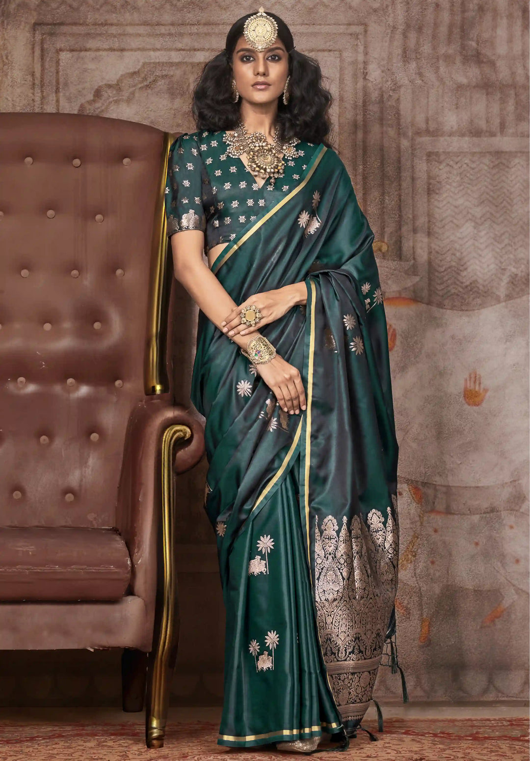 Elegant Satin Silk Saree | Jacquard Woven Work  Matching Blouse