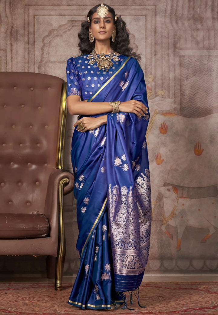 Elegant Satin Silk Saree | Jacquard Woven Work  Matching Blouse