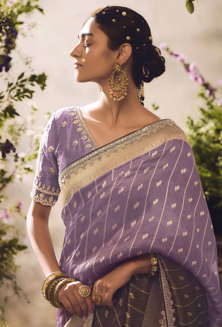 Designer Lavender Silk Saree | Jacquard Design & Lace Border