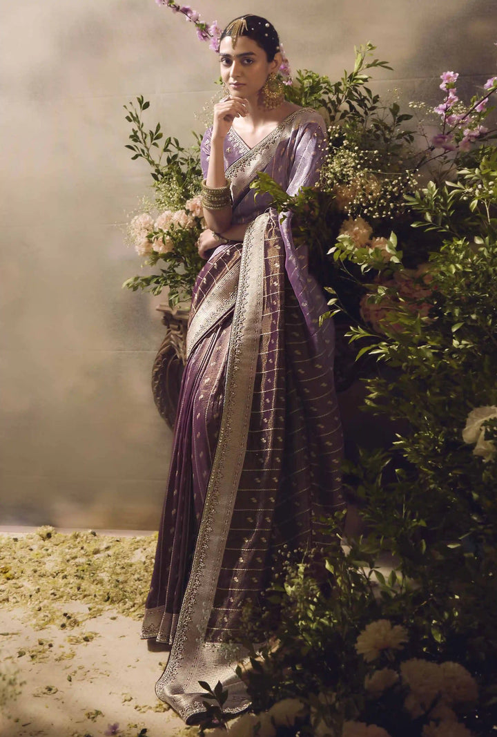 Designer Lavender Silk Saree | Jacquard Design & Lace Border