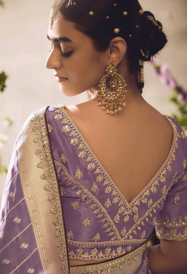 Designer Lavender Silk Saree | Jacquard Design & Lace Border