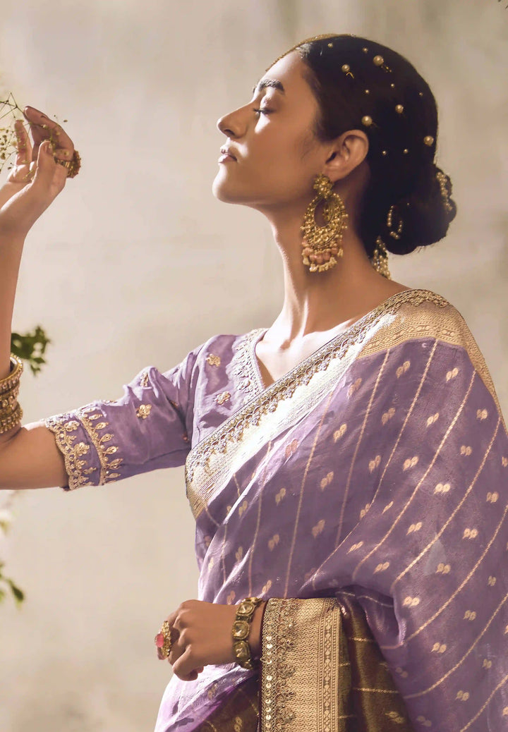 Designer Lavender Silk Saree | Jacquard Design & Lace Border