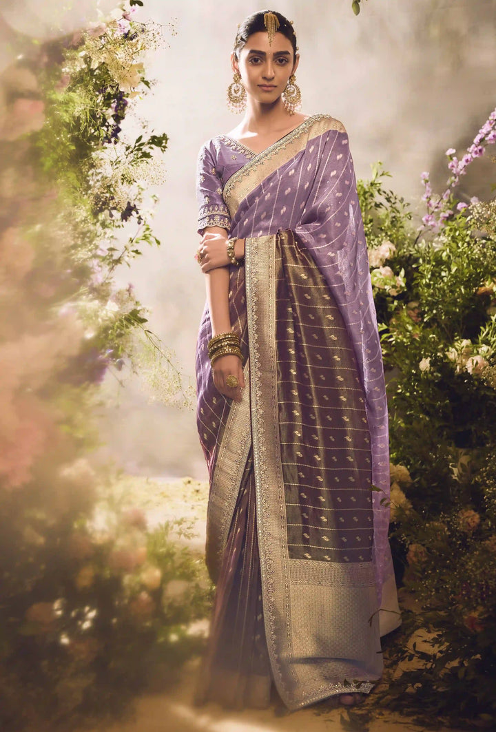 Designer Lavender Silk Saree | Jacquard Design & Lace Border
