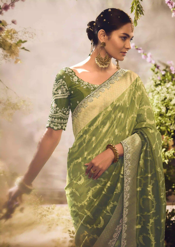 Parrot Green Silk Saree | Jacquard Design with Lace Border & Blouse