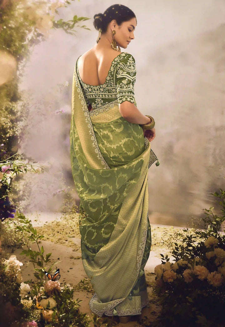 Parrot Green Silk Saree | Jacquard Design with Lace Border & Blouse