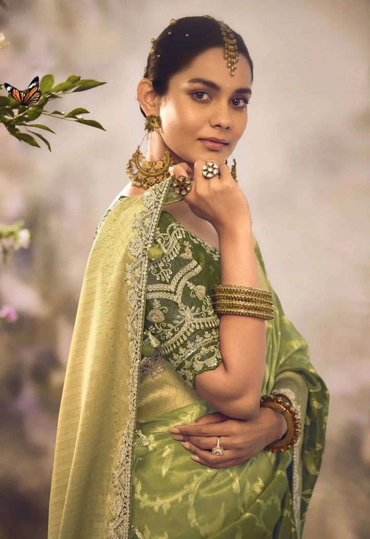 Parrot Green Silk Saree | Jacquard Design with Lace Border & Blouse