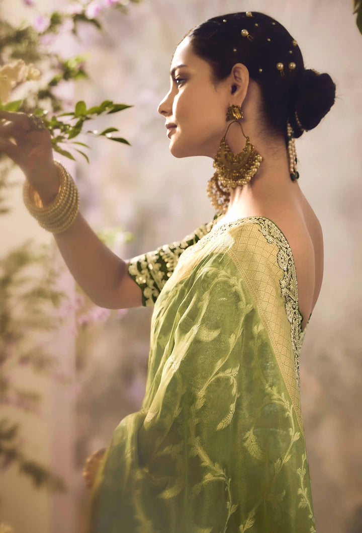 Parrot Green Silk Saree | Jacquard Design with Lace Border & Blouse