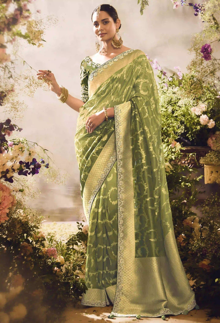 Parrot Green Silk Saree | Jacquard Design with Lace Border & Blouse