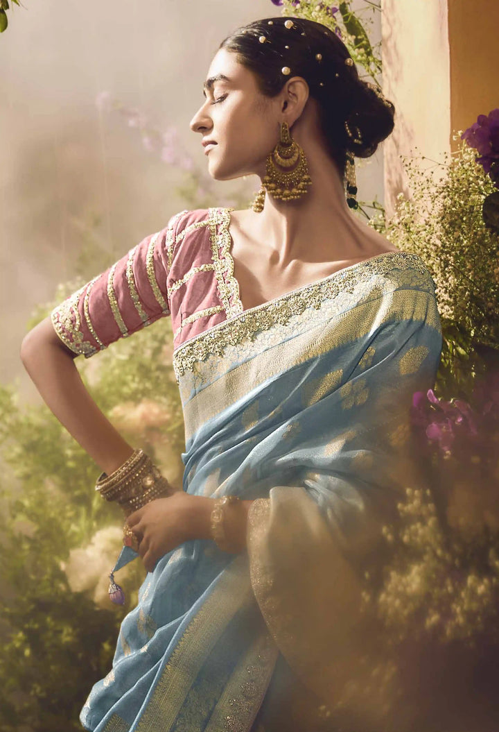 Luxury Light Blue Silk Saree | Jacquard Work & Lace Border with Blouse