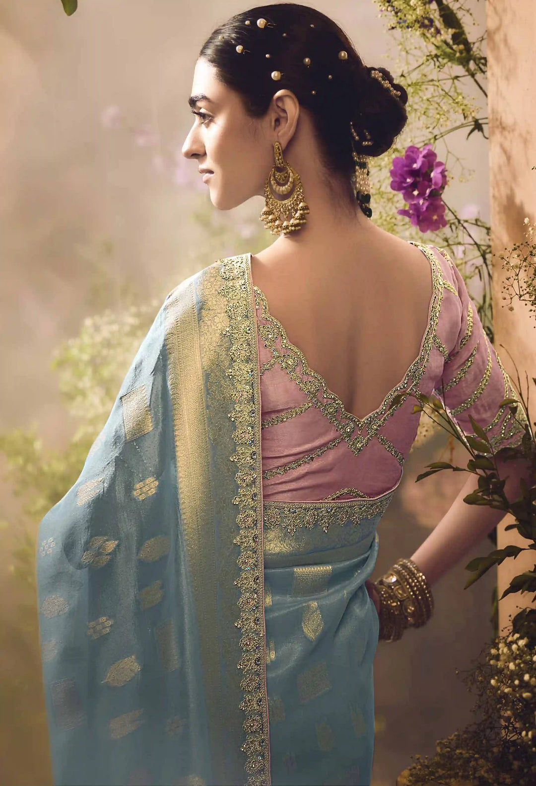 Luxury Light Blue Silk Saree | Jacquard Work & Lace Border with Blouse