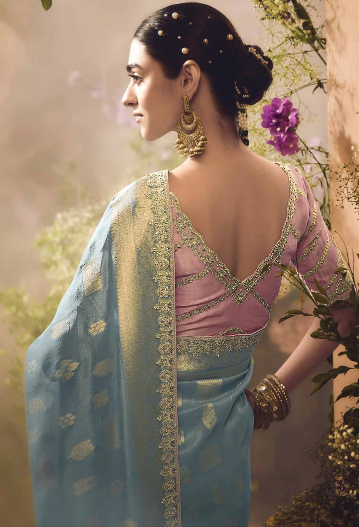 Luxury Light Blue Silk Saree | Jacquard Work & Lace Border with Blouse