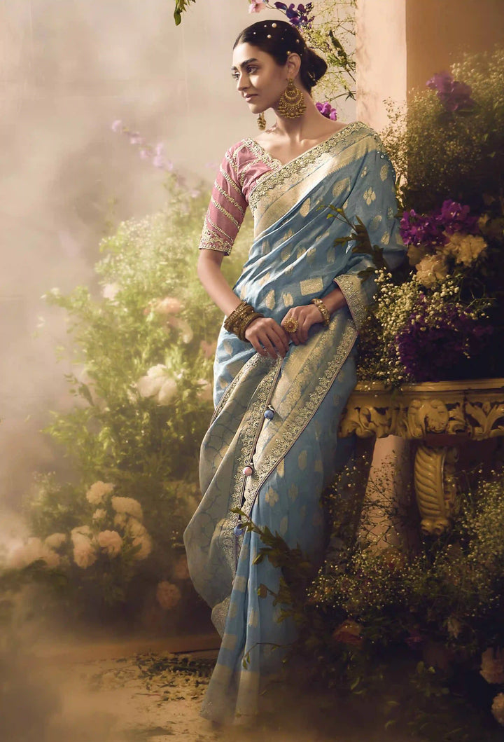 Luxury Light Blue Silk Saree | Jacquard Work & Lace Border with Blouse