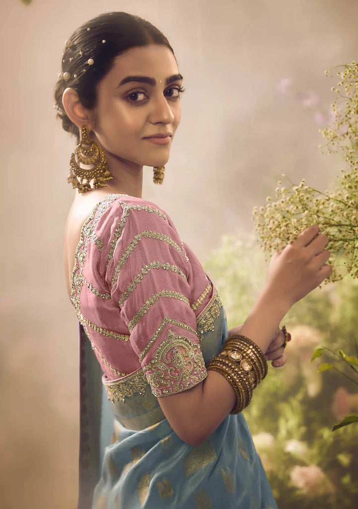 Luxury Light Blue Silk Saree | Jacquard Work & Lace Border with Blouse