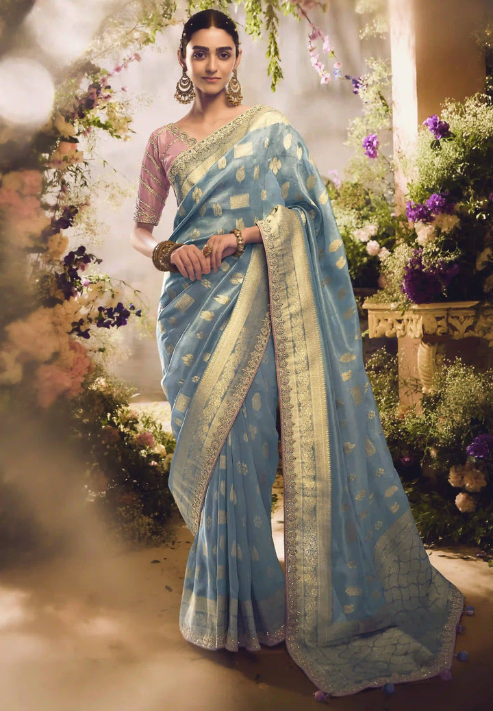 Luxury Light Blue Silk Saree | Jacquard Work & Lace Border with Blouse