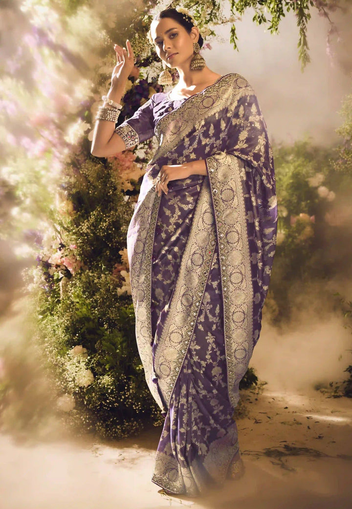 Elegant Dark Purple Silk Saree | Jacquard Design & Matching Blouse Included