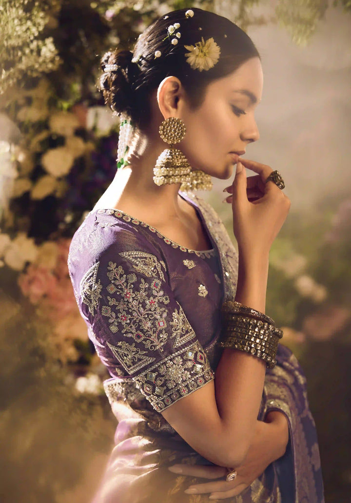 Elegant Dark Purple Silk Saree | Jacquard Design & Matching Blouse Included