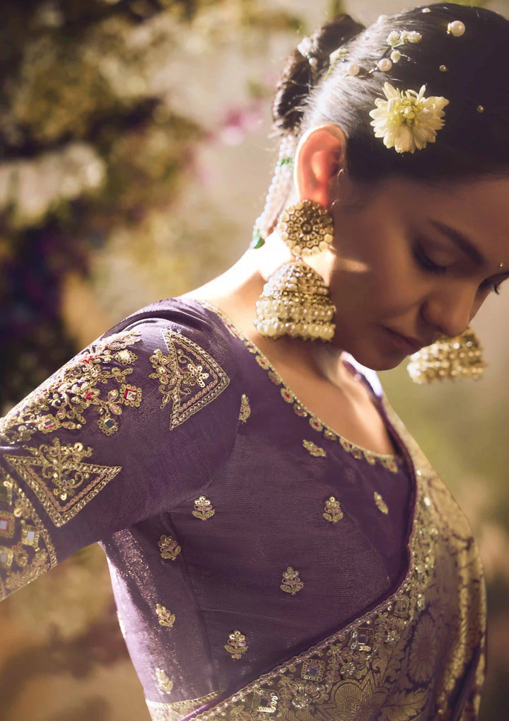 Elegant Dark Purple Silk Saree | Jacquard Design & Matching Blouse Included