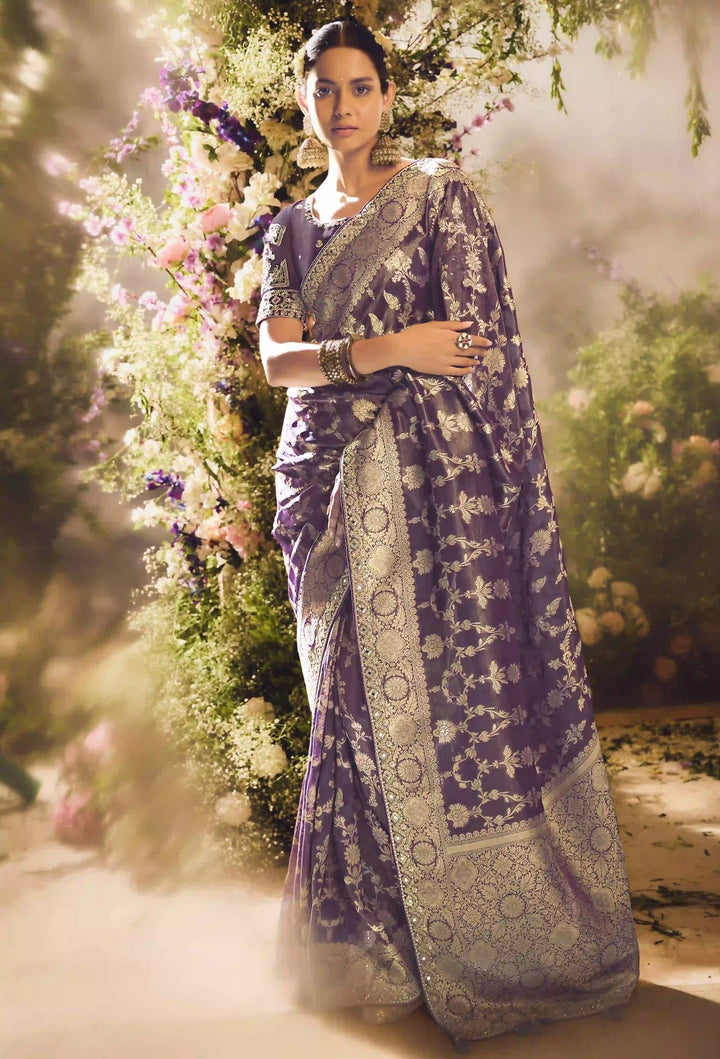 Elegant Dark Purple Silk Saree | Jacquard Design & Matching Blouse Included