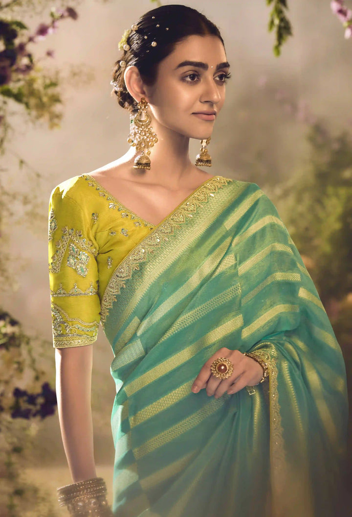 Stunning Rama Green Silk Saree | Lace Border & Jacquard Design  Lemon Blouse