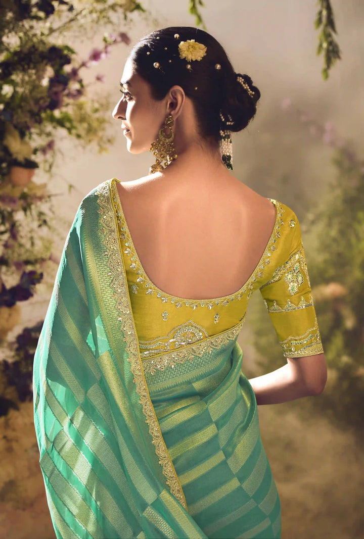 Stunning Rama Green Silk Saree | Lace Border & Jacquard Design  Lemon Blouse