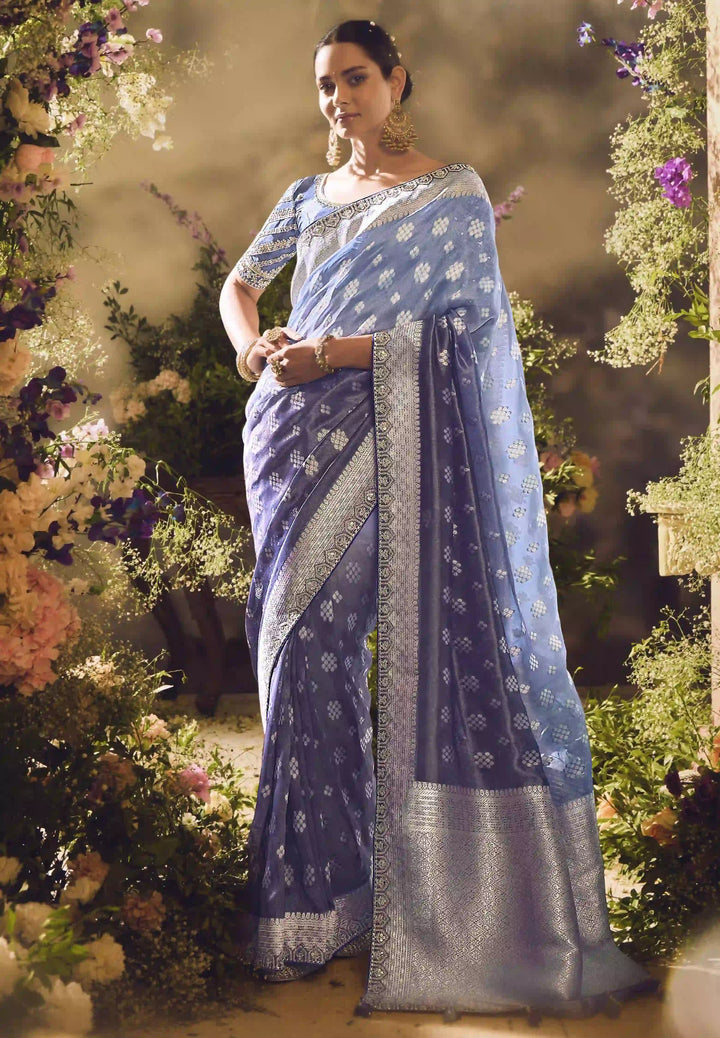 Elegant Dark Teal Blue Silk Saree | Jacquard Woven & Lace Border