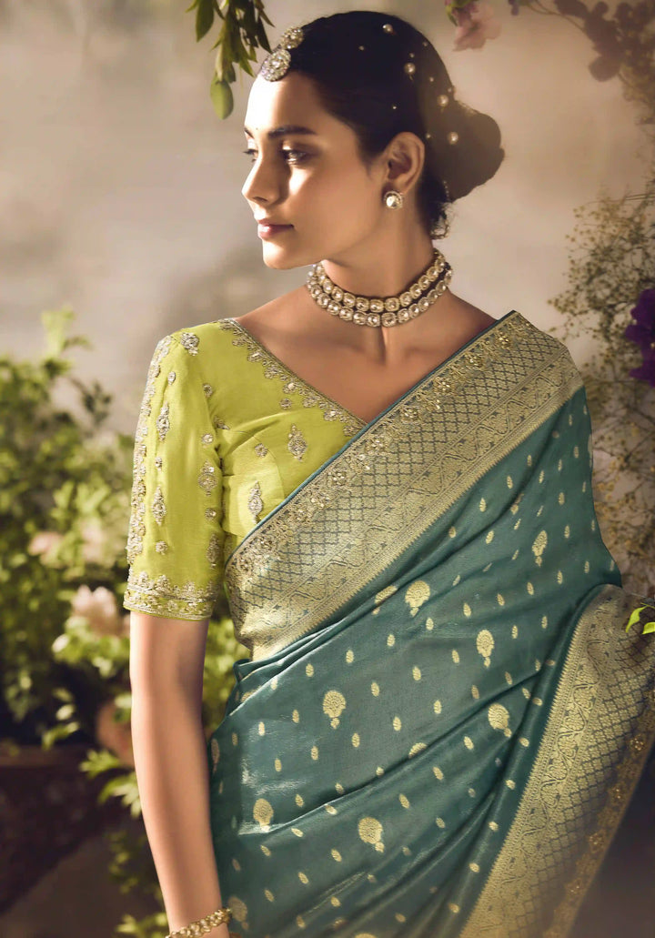 Teal Silk Saree with Jacquard Woven Design, Embroidered Lace Border & Lime Blouse