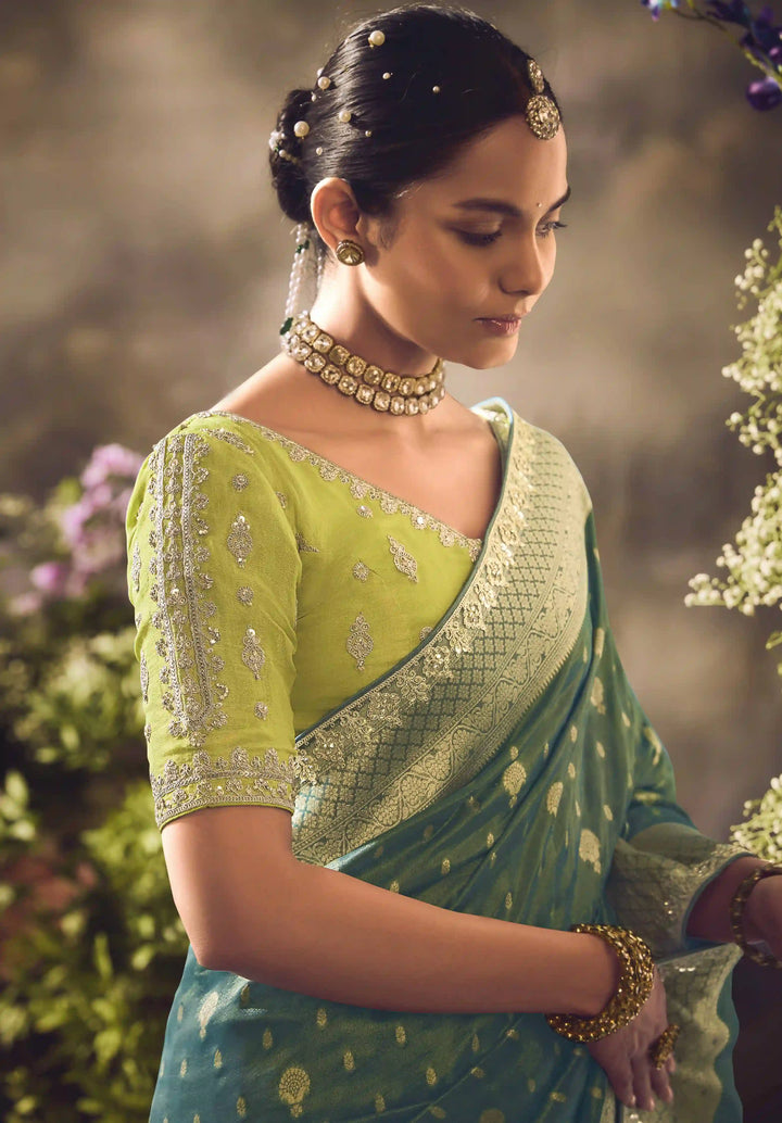 Teal Silk Saree with Jacquard Woven Design, Embroidered Lace Border & Lime Blouse
