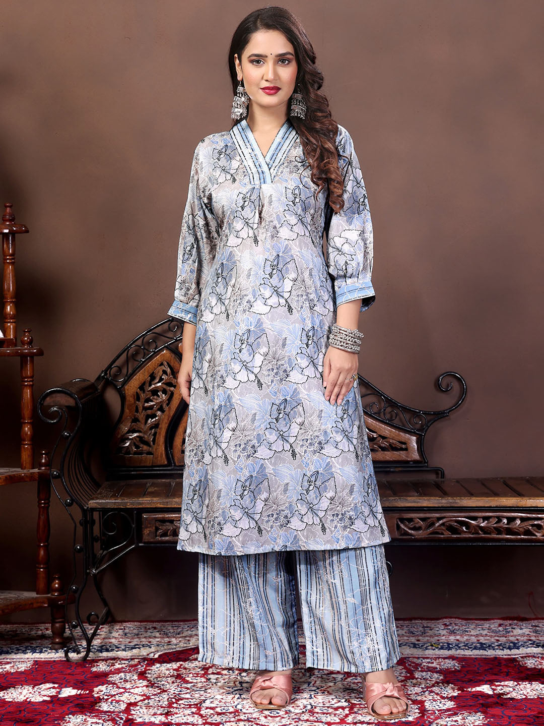 Multicolor  Elegant Muslin Printed Top & Bottom | Three-Quarter Sleeve