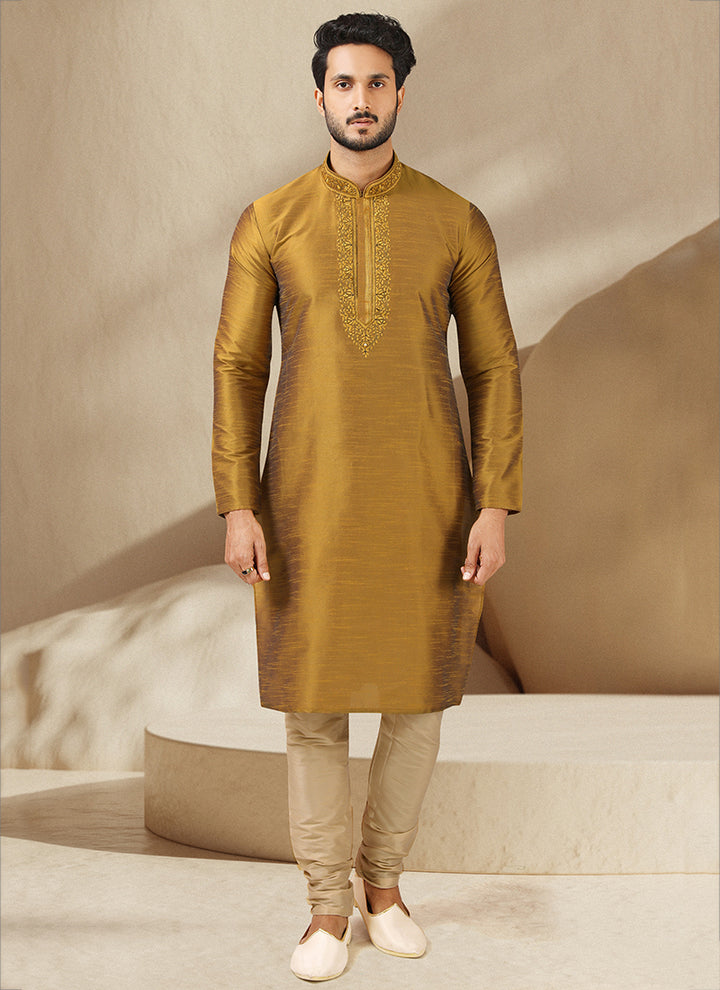 Elegant Golden Silk Kurta Pajama | Banarasi Art Silk Festive & Wedding Wear