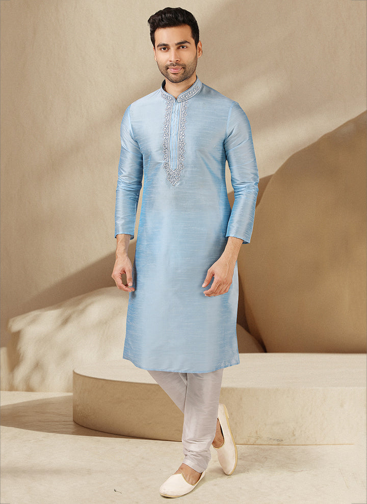Light Sky Blue Banarasi Silk Kurta Pajama | Mirror Work Traditional Wear